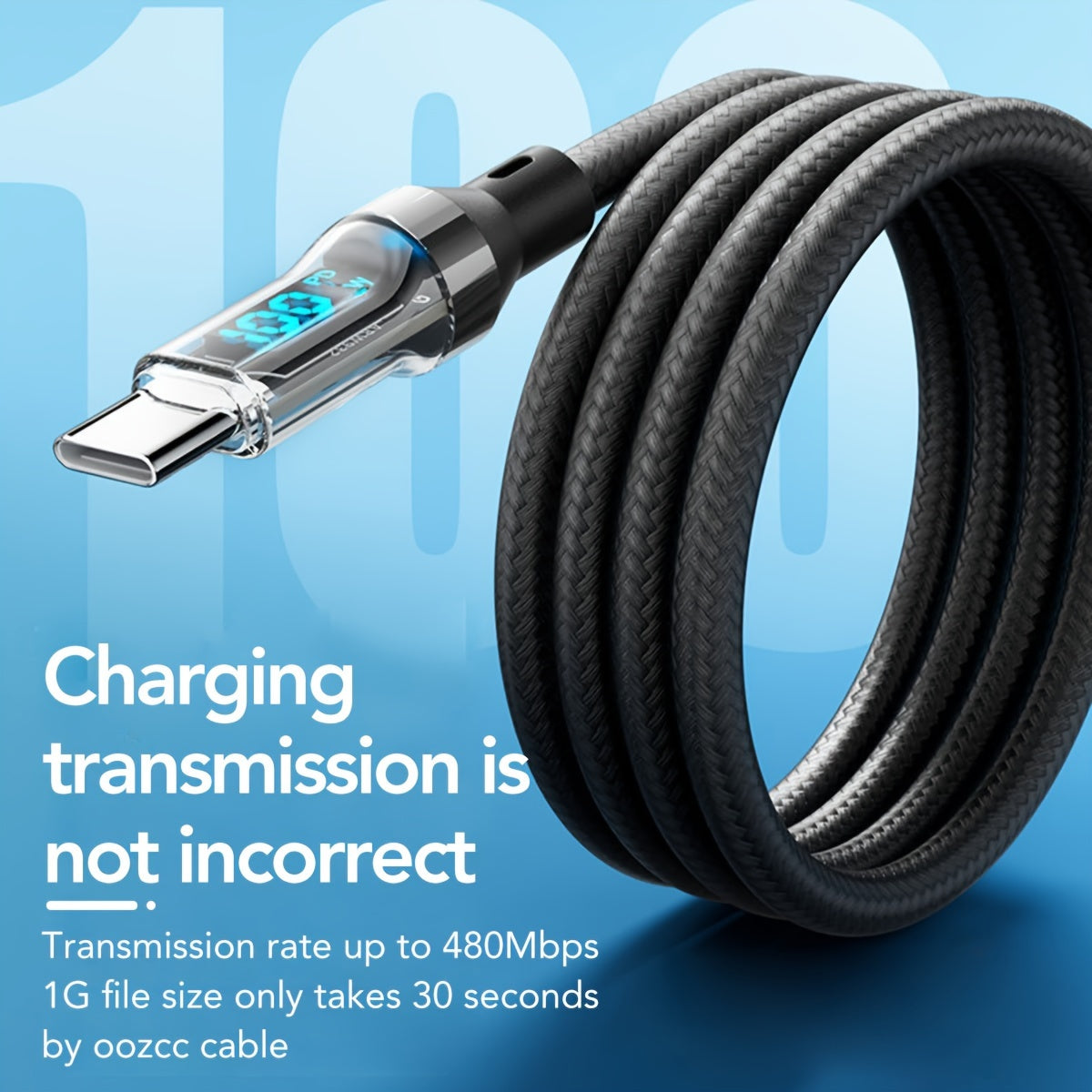 Speedy 100W USB Type C cable with LED display, PVC/Nylon construction, round shape, and fast charging capability for car use.