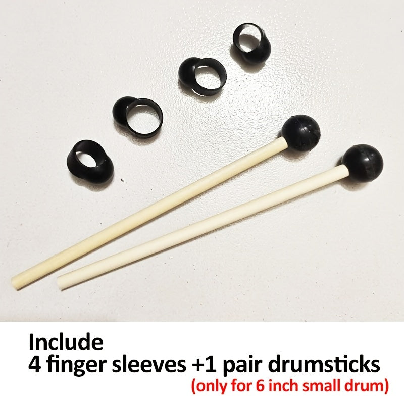 Ethereal drum accessory set includes 6-inch drum, 1 pair of Birchwood drumsticks, 4 finger covers, Lotus Steel Tongue Drum Mallets, and soft rubber head drumsticks.