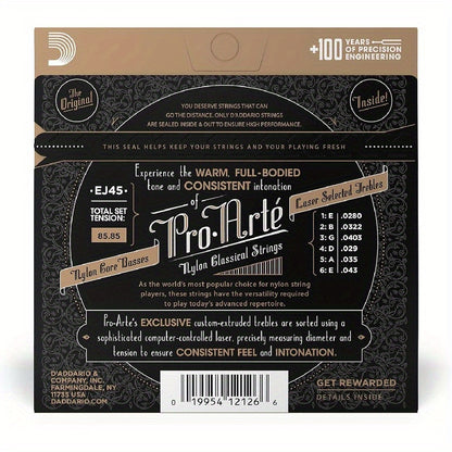 1 Pack of Pro-Arté EJ45 Classical Guitar Strings with coated nylon core, silver grey & yellow, normal tension, and laser-selected trebles for balance and comfortable playability.