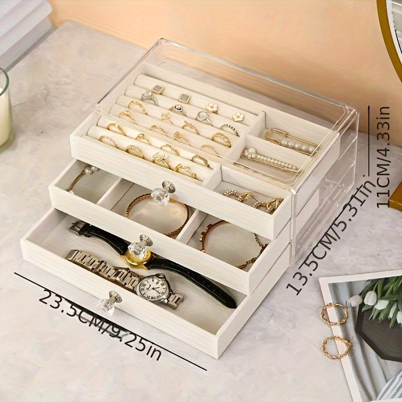 Modern 3-layer acrylic jewelry organizer with fabric lining for rings, necklaces, and bracelets. No electricity needed. Rectangle shape made of plastic material. Oxidation-proof and exquisite design. Jewelry storage solution.