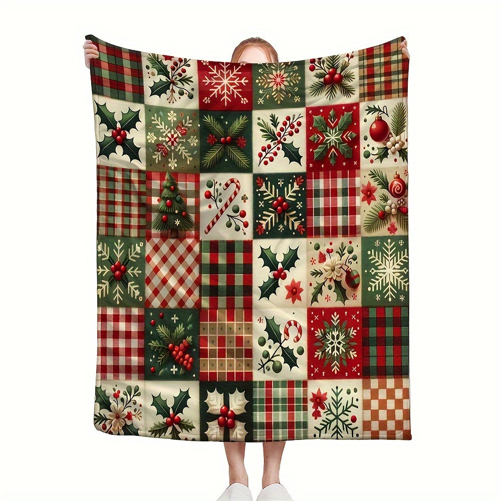 1 piece Traditional Christmas Patchwork Fleece Blanket featuring Festive Holiday Home Decor, Classic Red & Green Patterns. This blanket is Soft & Cozy, All-Season, Tear-Resistant, Machine Washable with a Digital Print design. Made of Polyester, Quilted