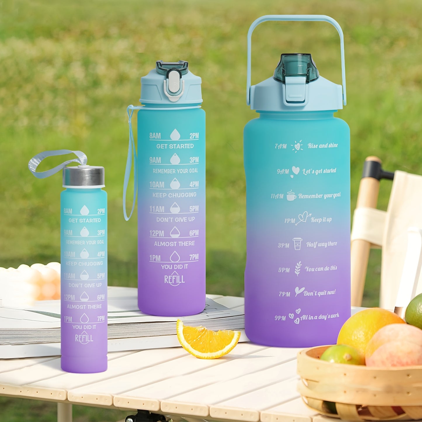 300ml/750ml/2L Gradient Color Frosted Water Bottles with straw, leak-proof design. Ideal for outdoor activities.