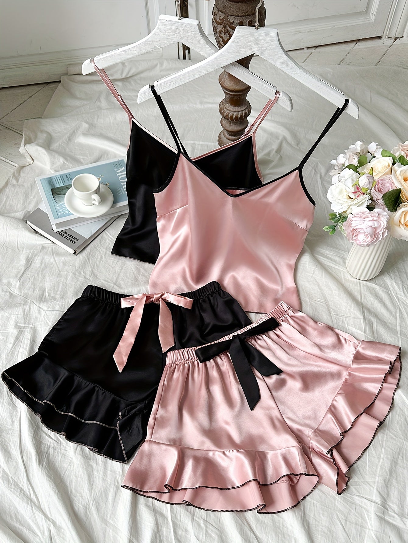 Women's cute bow suspender shorts pajama set for Valentine's Day