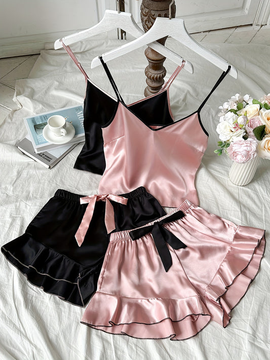 Women's cute bow suspender shorts pajama set for Valentine's Day