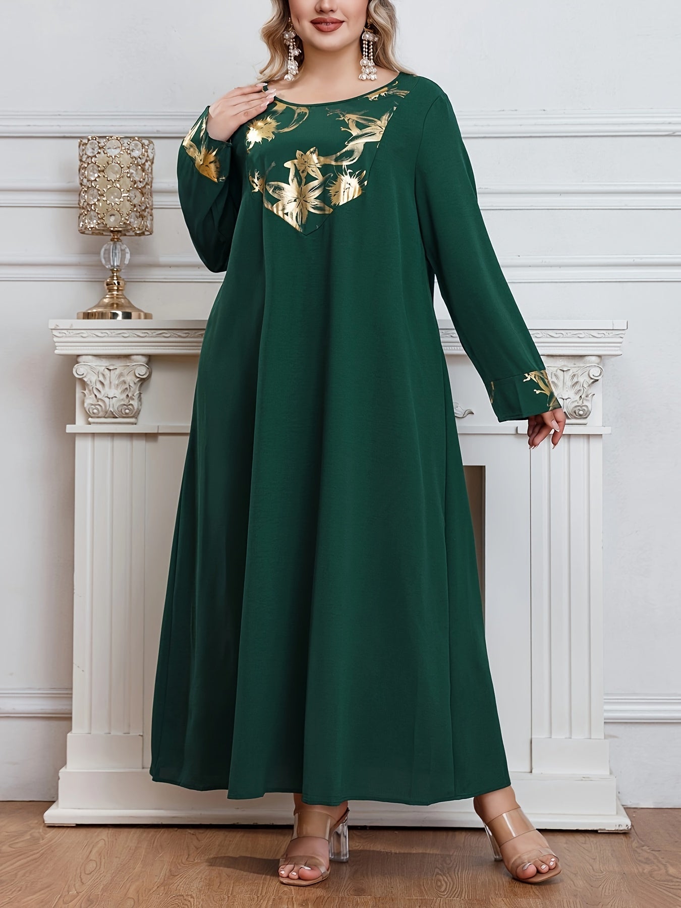 Elegant Plus Size Tunic Dress in Middle Eastern Style, 100% Polyester, Crew Neck with Random Print.