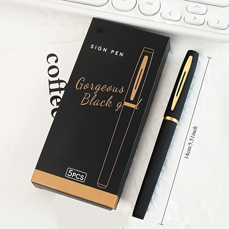 5 sleek black and golden gel pens: 0.5mm/0.7mm/1.0mm, large capacity, great for office.