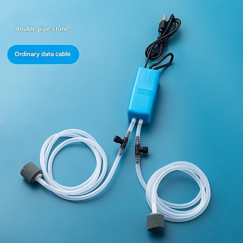 A USB aquarium oxygen pump with dual ports and air stone operates quietly and automatically, ideal for fish tanks or aquariums.