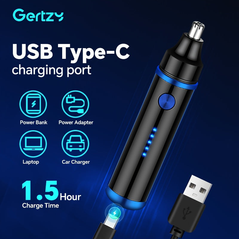 GERTZY Безболезненный триммер для ушей и носа для мужчин: USB-заряжаемый с литиевым аккумулятором 500mAh, стильный черный с синими акцентами. Включает защитный колпачок и щеточку для чистки. Идеально подходит для удаления волос на лице.