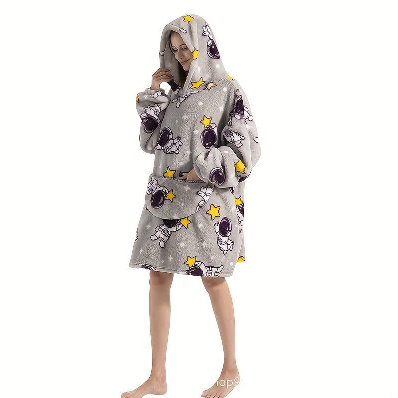 Animal-Themed Cozy Fleece Hooded Wearable Blanket - Reversible, Hand-Wash Only - Ideal for Outdoor Adventures and Home Relaxation