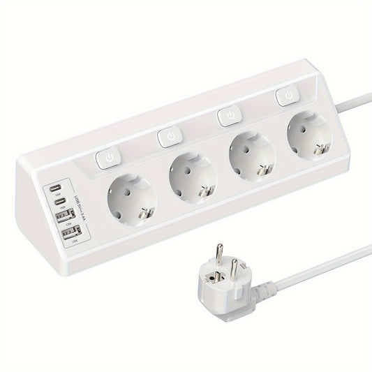 Multi-socket with switch, featuring 2 USB and 2 Type-C corner sockets, 4-compartment design, stainless steel front panel, 2m cable, surge protection, ideal for kitchen and dining tables.