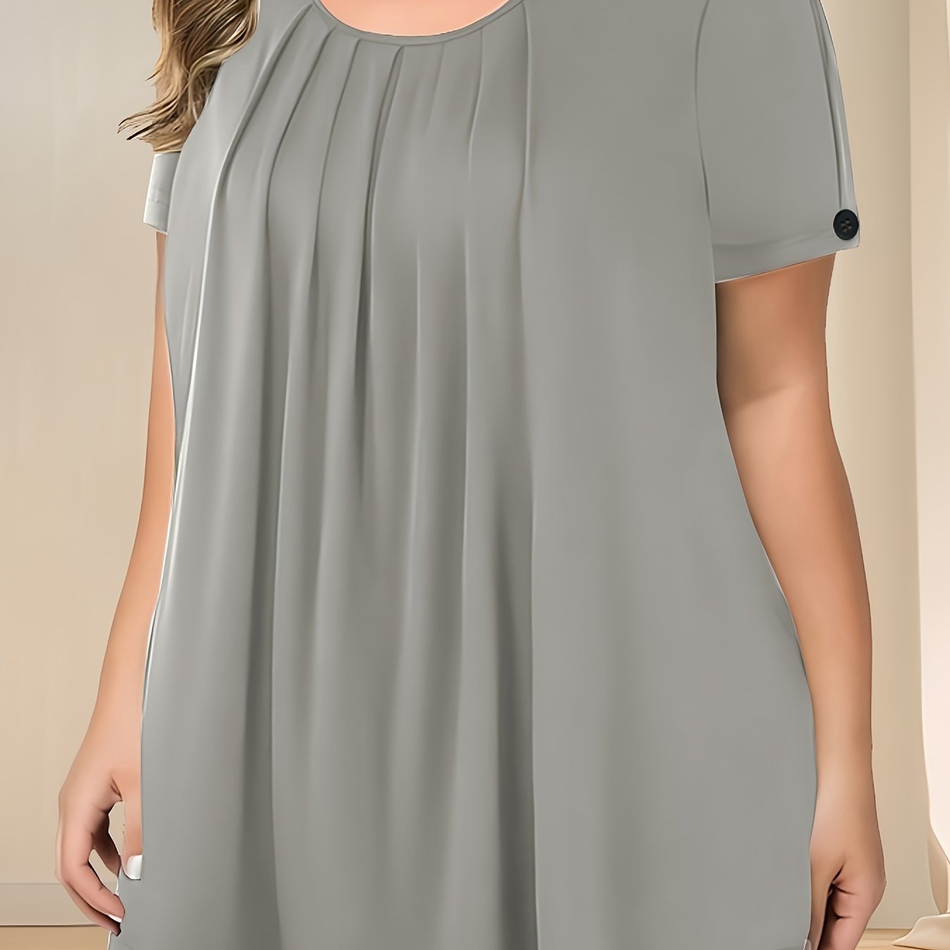 Pleated button detail T-shirt for plus size women, perfect for spring & summer.