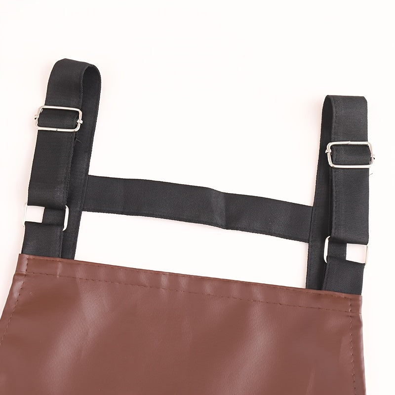 Single piece of imitation leather apron with adjustable straps, solid color, suitable for household use by chefs, waiters, barbecuers, and hairdressers. Includes pockets for adults.