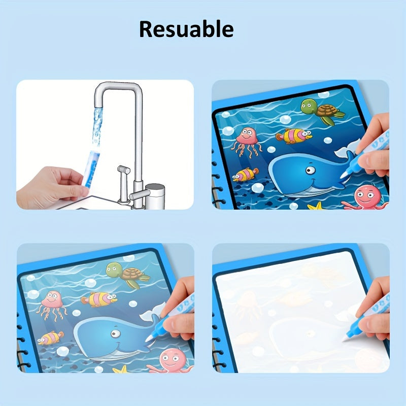 Magic Water Drawing Book for ages 3+ with reusable pad and water pen for creative learning.