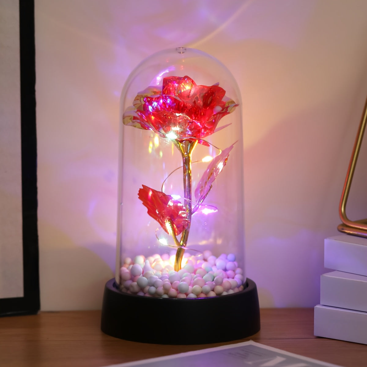 Modern LED Rose Flower Night Light with Golden Foil Accents, Battery Operated for Bedroom Decor, Special Occasions, and Gifts.