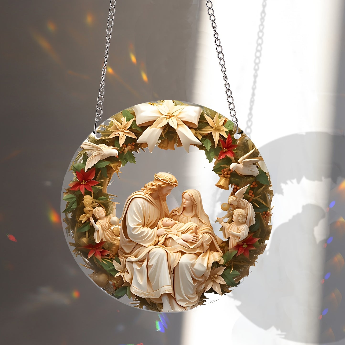 Waterproof, transparent acrylic Holy Family Nativity Scene for hanging in home or garden. Ideal for Christmas, Valentine's Day, and year-round display. Perfect Christmas decor.