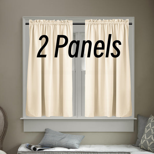 Two pieces of solid color rod pocket curtains, perfect for filtering light. Ideal for use in living rooms and bedrooms.