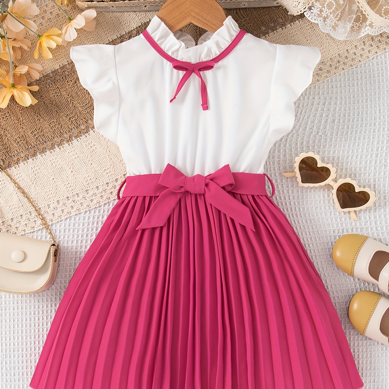 Girls' summer dress with polyester knee-length pleated skirt, stand collar, sleeveless ruffle trim, and bow detail. Features a dressy loose fit with belt for casual outings.