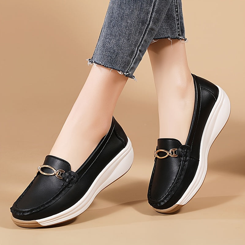 Versatile beige slip-on loafers for women with thick, non-slip soles and decorative buckle detail. Comfortable and lightweight for all-season wear.