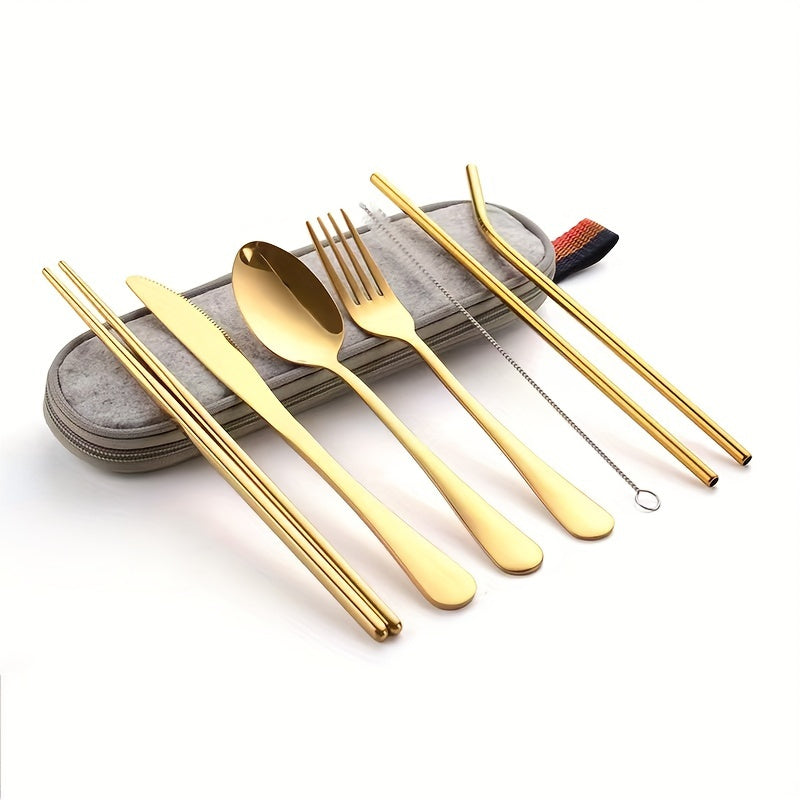 Travel camping set with 8 pieces of stainless steel cutlery includes knife, fork, spoon, chopsticks, cleaning brush, straw, and carry case.