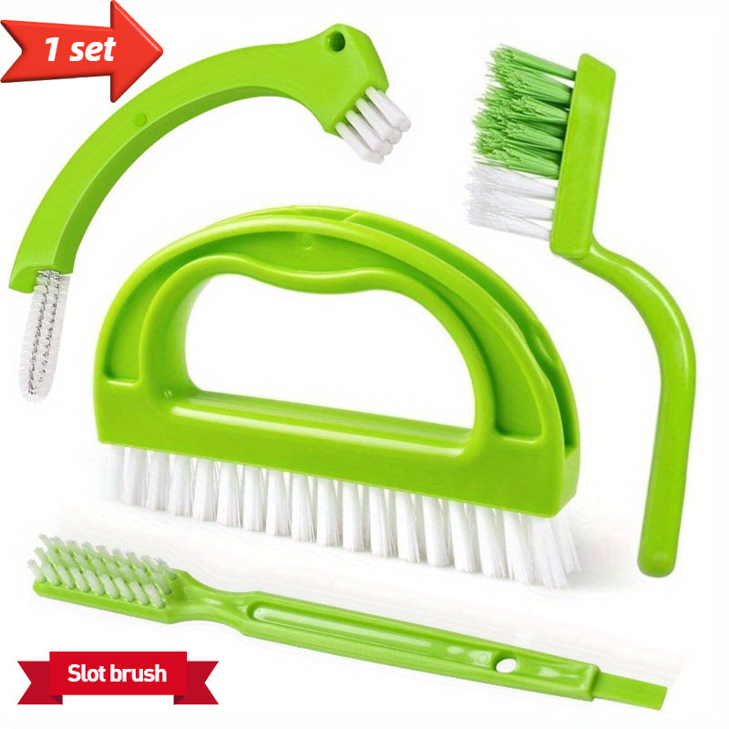 Set of plastic tile cleaning brushes suitable for multiple uses, with stiff bristles ideal for kitchen and bathroom floor grout lines. Can be used with vacuum cleaners with crevice attachment compatibility. Includes brushes for corners and gaps in