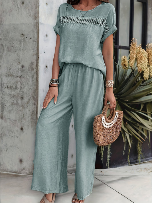 Stylish Solid Color Pants Set with Lace Detailing, Perfect for Spring & Summer Fashion for Women.