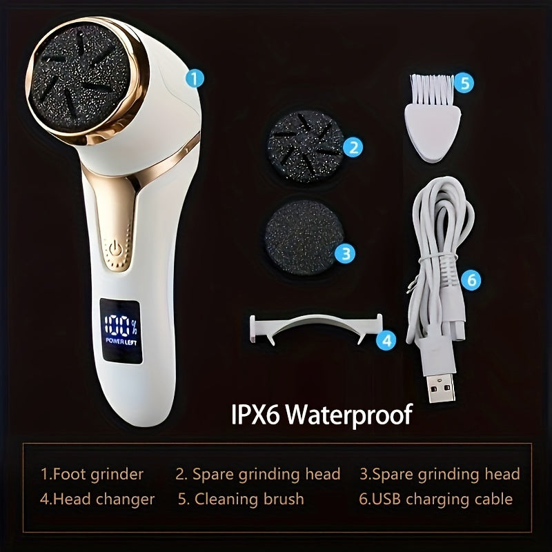 Portable, rechargeable electric foot file for professional callus removal and foot repair. Great gift for dry, cracked skin.