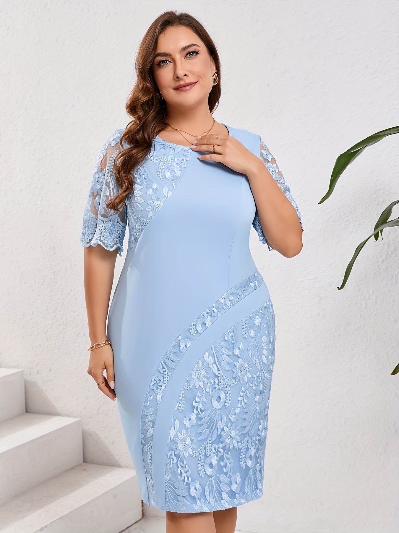 Elegant crew neck lace midi dress for plus size women, perfect for weddings and cocktail parties. Made of 97% polyester and 3% elastane knit fabric, with a flattering bodycon fit. Pullover