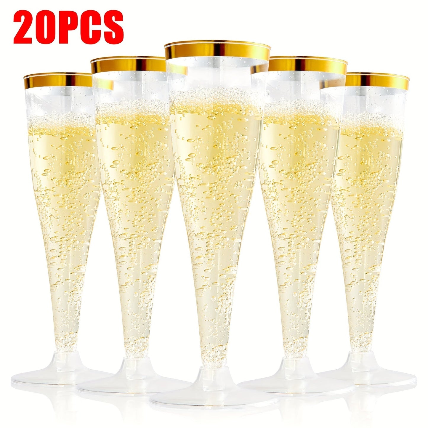 20-Pack of elegant plastic champagne flutes with golden rims, each holding 4.5oz of liquid. These recyclable and reusable toasting glasses are perfect for weddings, birthdays, and bridal showers. Versatile and convenient, these premium disposable