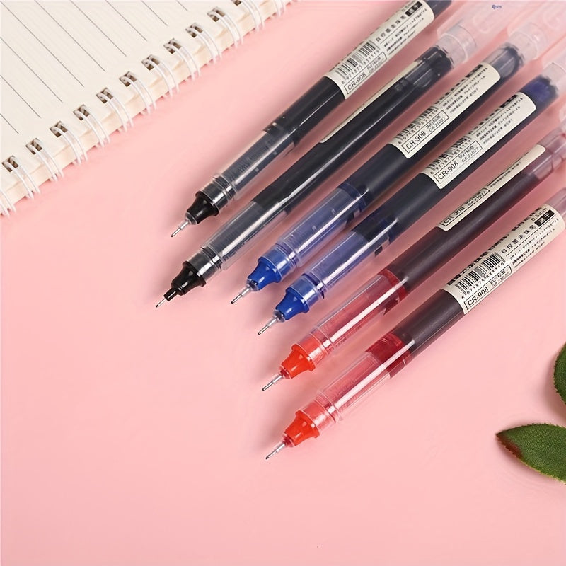 10 gel pens with blue quick-drying ink in liquid and gel formats. Suitable for school, office, and stationery stores. Made of plastic with snap cap closure, round body, and extra fine