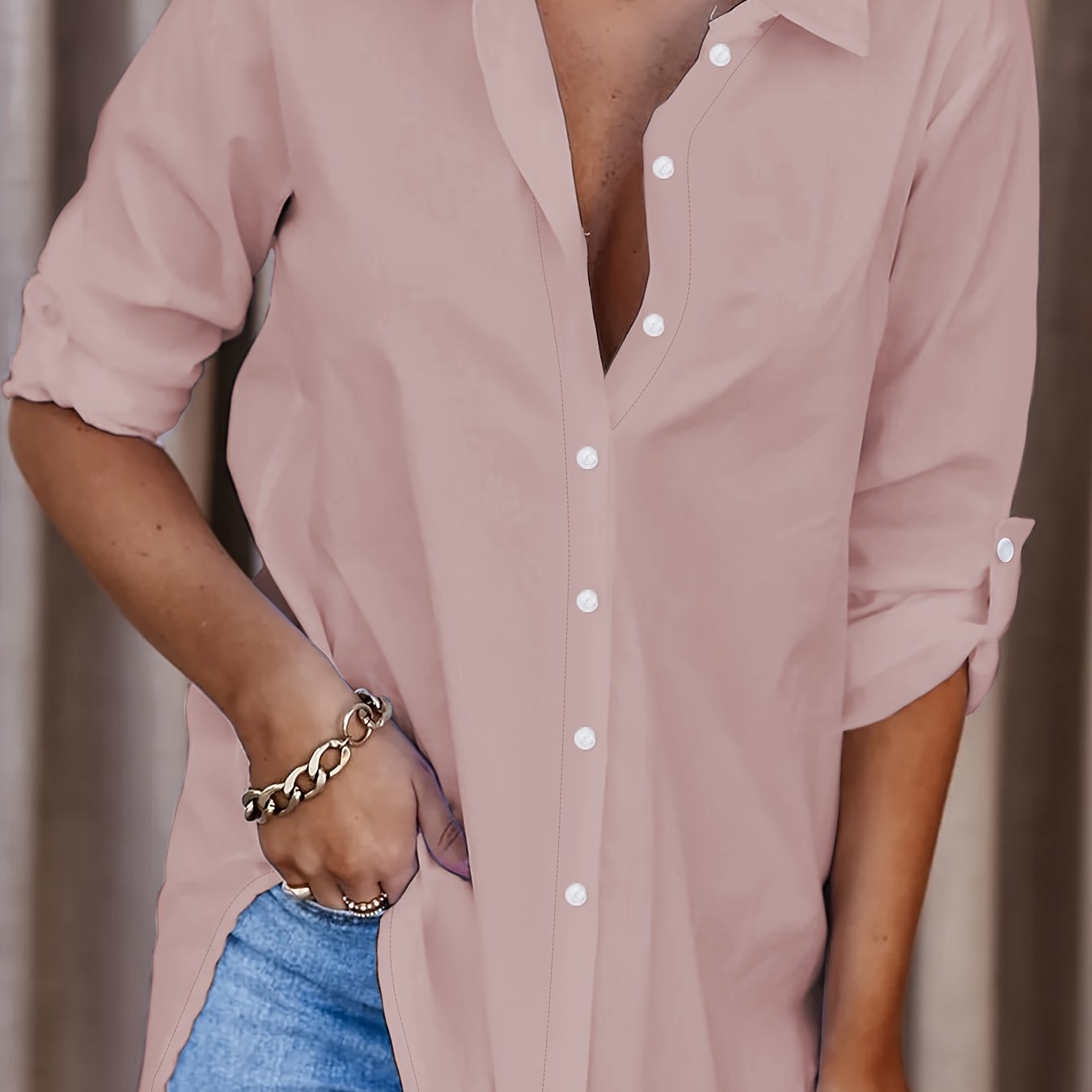 Solid Button Front Shirt with Roll Up Sleeves for Spring & Fall in Plus Size Women's Clothing.