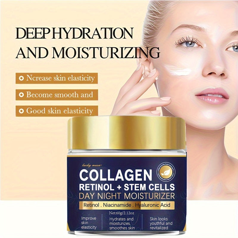 60g LUCKY MUSN Collagen, Retinol & Stem Cell Day & Night Moisturizer hydrates, firms, and is suitable for all skin types with Shea Butter, Niacinamide, and Vitamin E, free from alcohol.