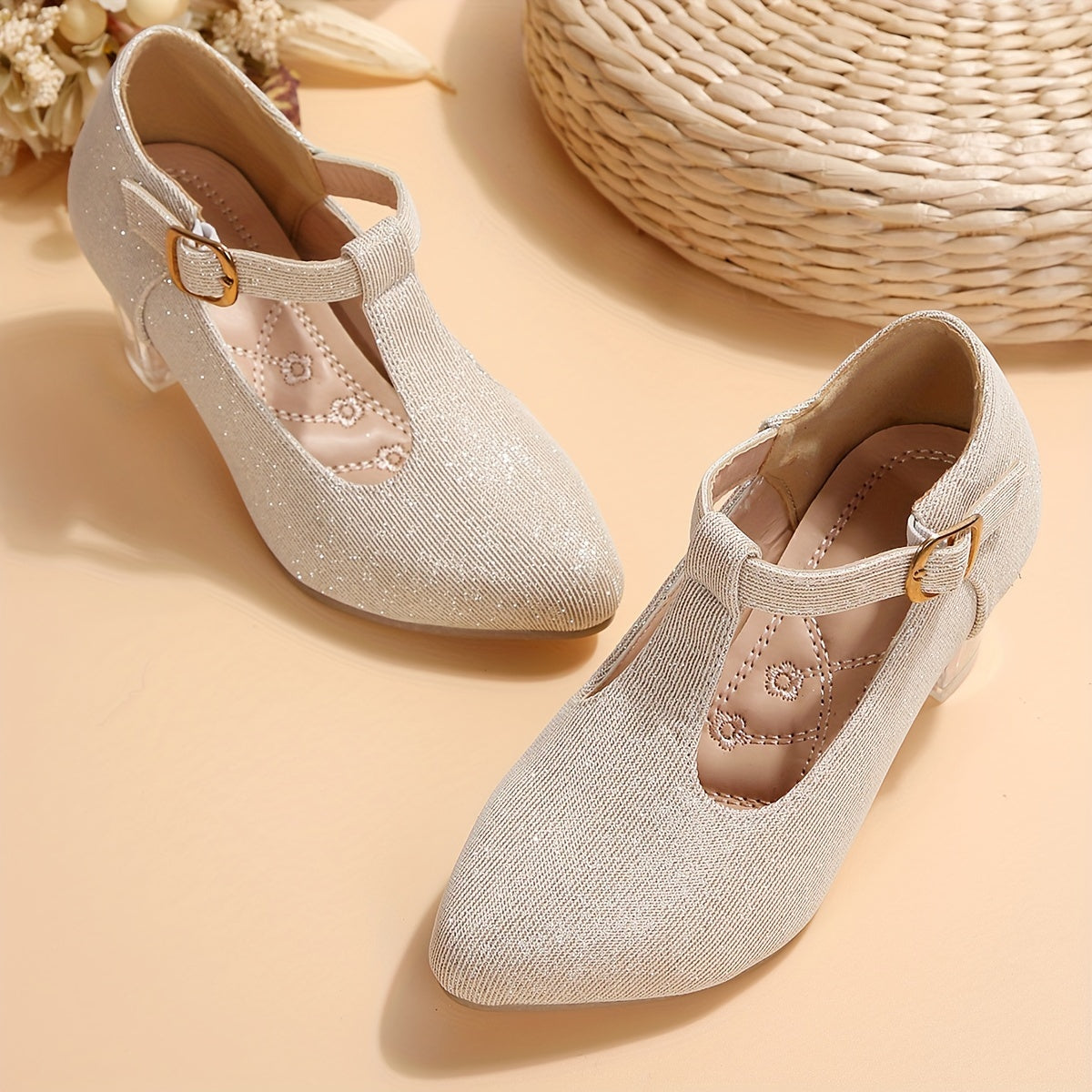 New Crystal Embroidered Flower High-heeled Shoes for Women and Children in Spring and Autumn.