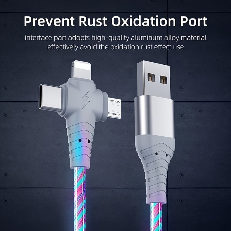 3-in-1 Flowing Glow Cable with 12W charger for iPhone and other devices, 10-20W input/output, made of PVC material with no data transfer, Brand Name.