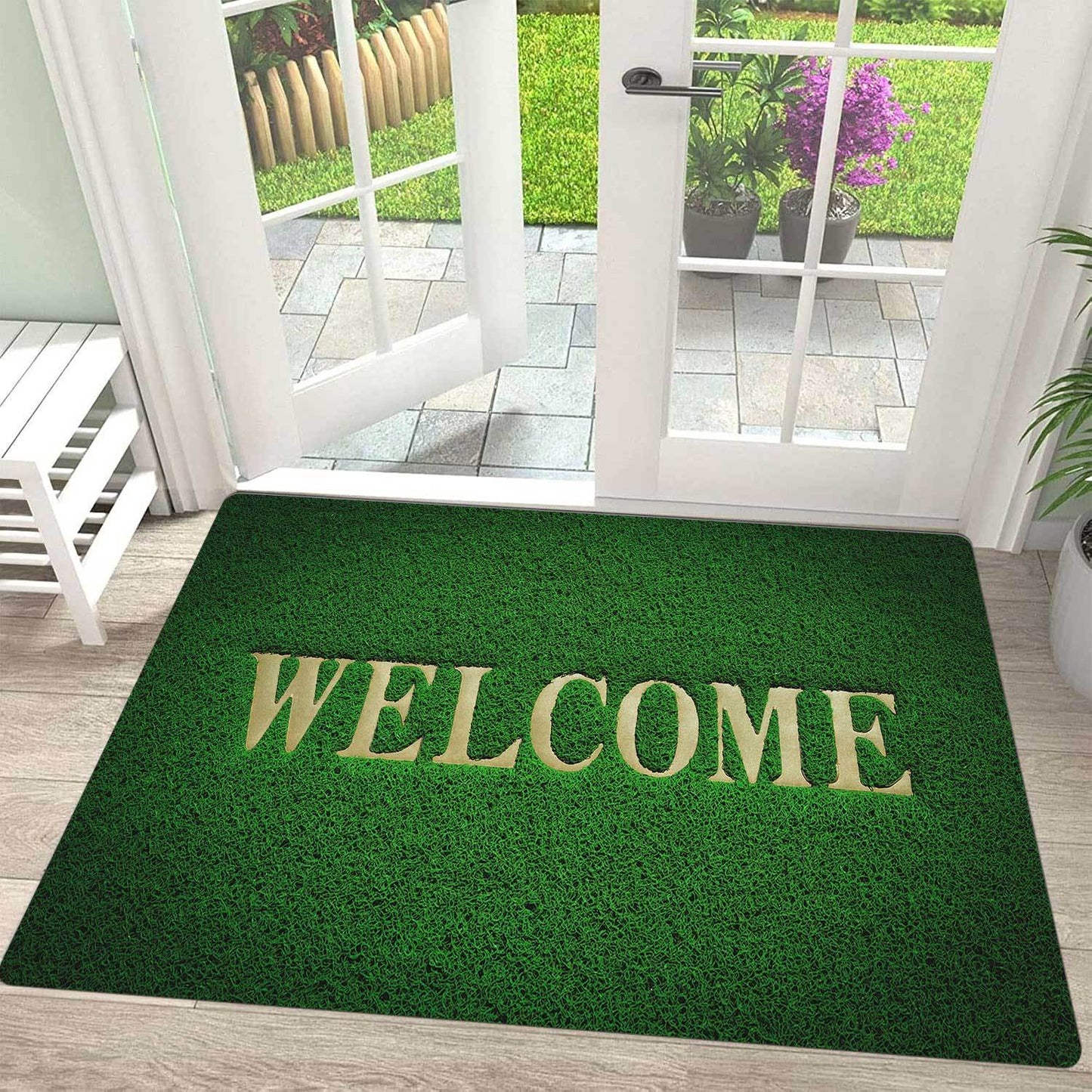 Welcome guests with our Green Grass Print Doormat, featuring a non-slip absorbent polyester floor mat that is machine washable. Perfect for any room in your home, including the living room, bedroom, bathroom, and kitchen for added home decor.