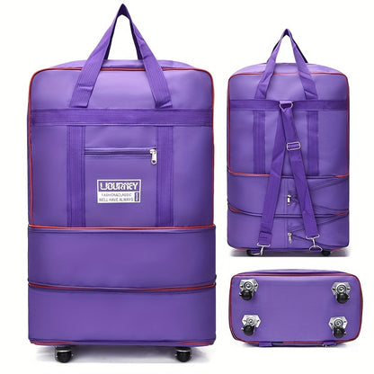 Foldable travel luggage bag with wheels for business trip, study abroad, and travel. Large storage capacity, expandable and portable.