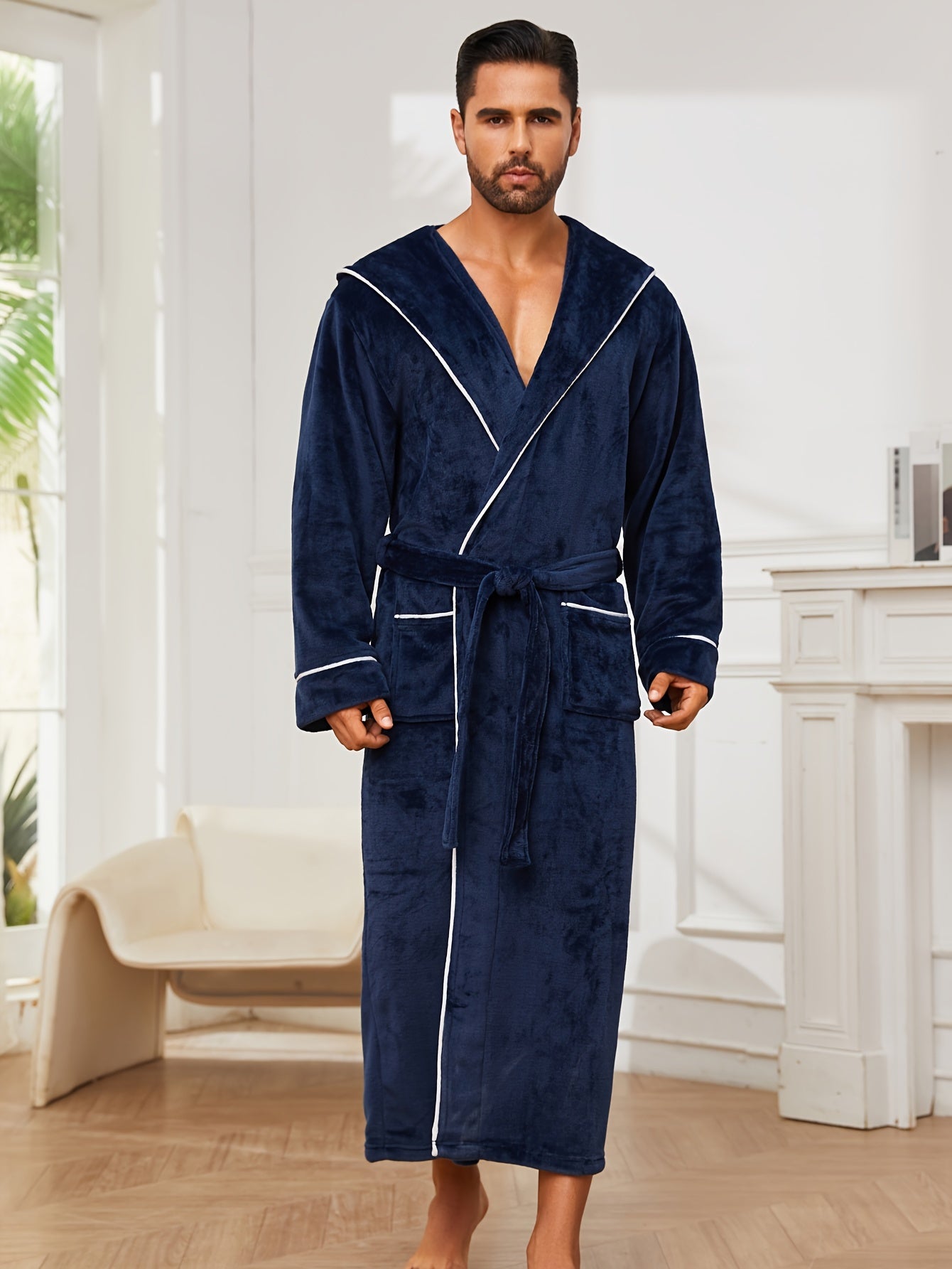 High-quality men's couple bathrobe perfect for autumn and winter with double-layer fleece design, ideal for outdoor use.