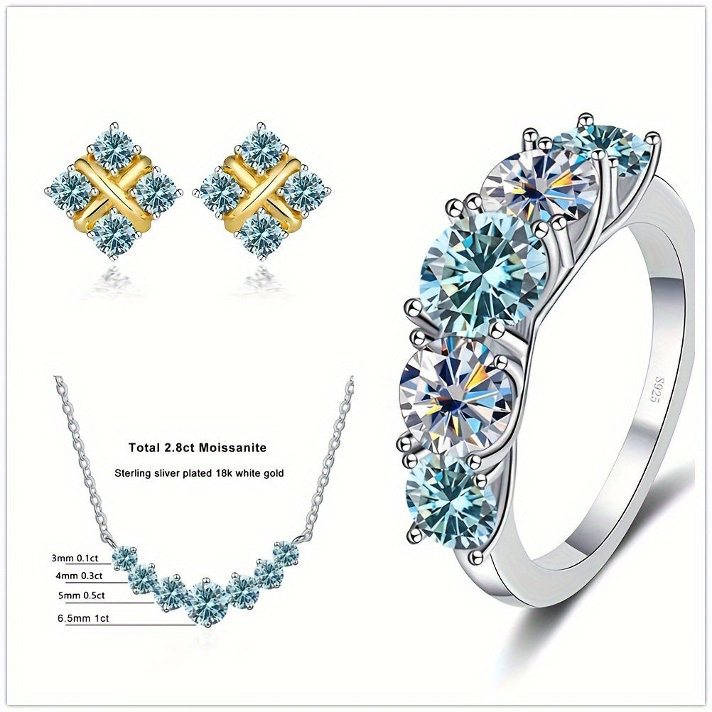 Luxurious 4-Piece Jewelry Set featuring a 7.2ct Total Moissanite Necklace Pendant, Earrings, and Ring - made with 925 Sterling Silver. Perfect Holiday-Themed Gift Set for Weddings, Christmas, Anniversaries. Comes in a beautiful Gift Box.