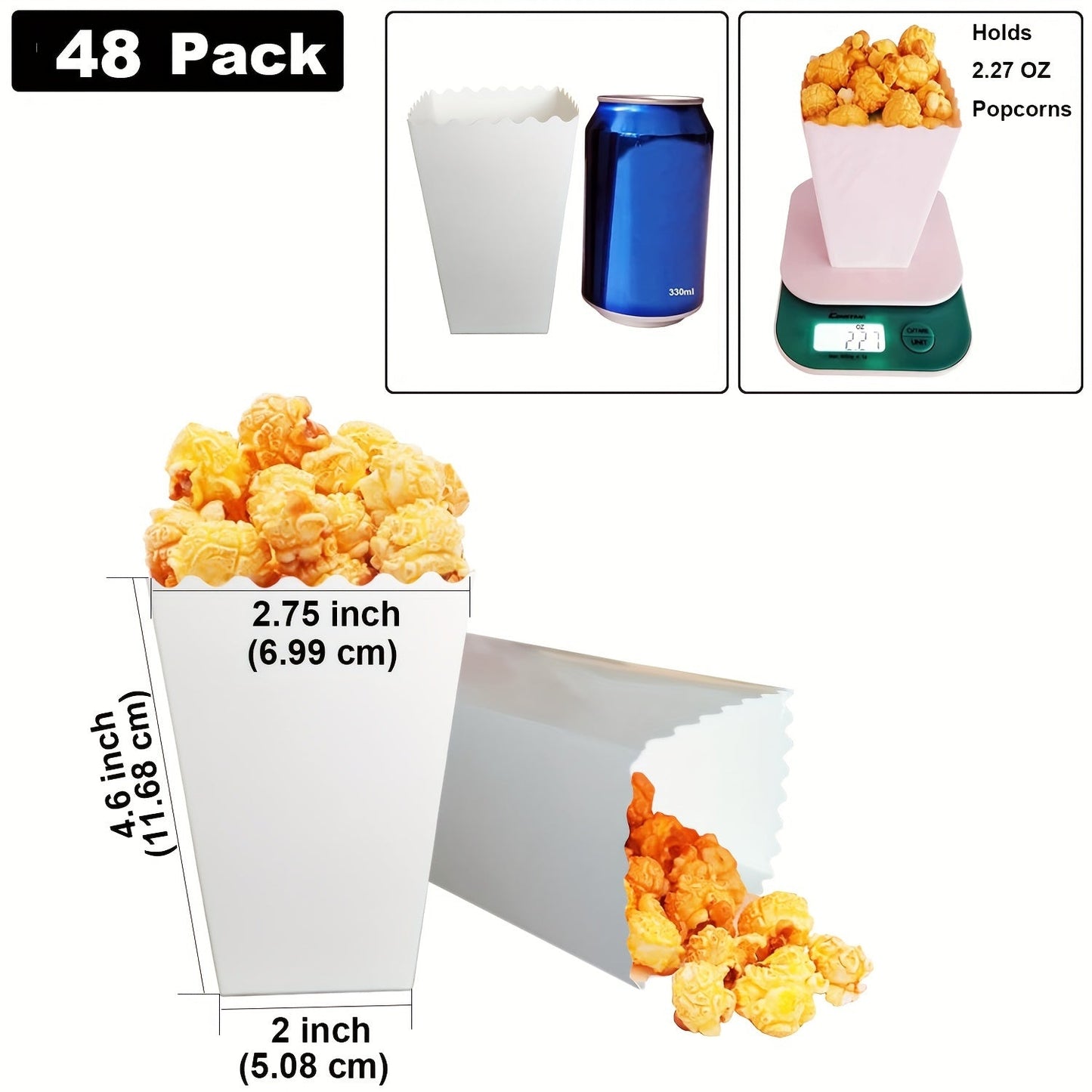 Mini white popcorn boxes in a set of 48, perfect for individual servings. These paper containers are ideal for weddings, birthday parties, or small pretzel and candy bar treats. Use them as movie theater snack boxes.