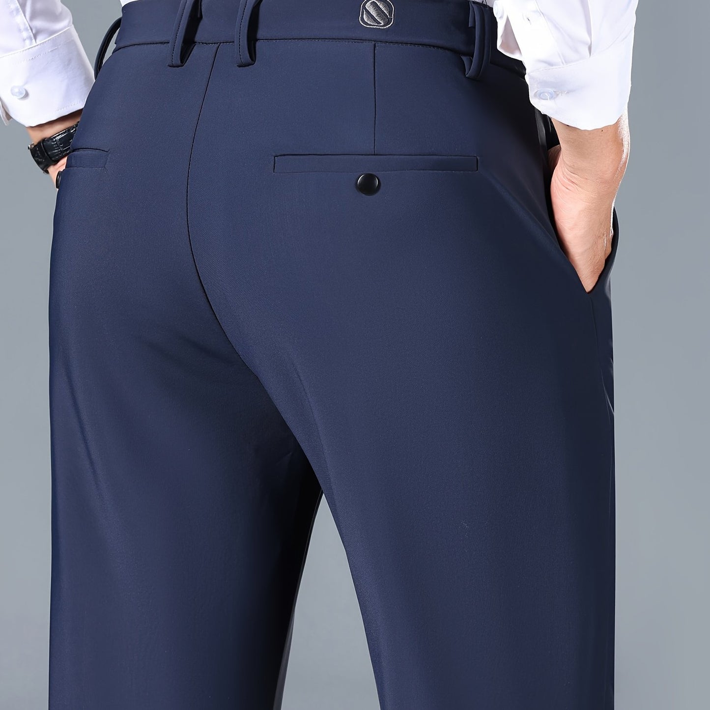 Slim fit stretchy men's pants suitable for both business and casual wear.