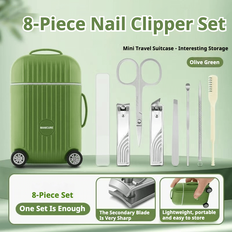 Set of 8 Modern Stainless Steel Nail Clippers, Includes Nail File, Tweezers, Ear Spoon, Cuticle Pusher, Dual-End Extractor. Portable and Odorless Nail Care Kit in Non-Woven Plastic Case. Perfect for Traveling and Gifting.