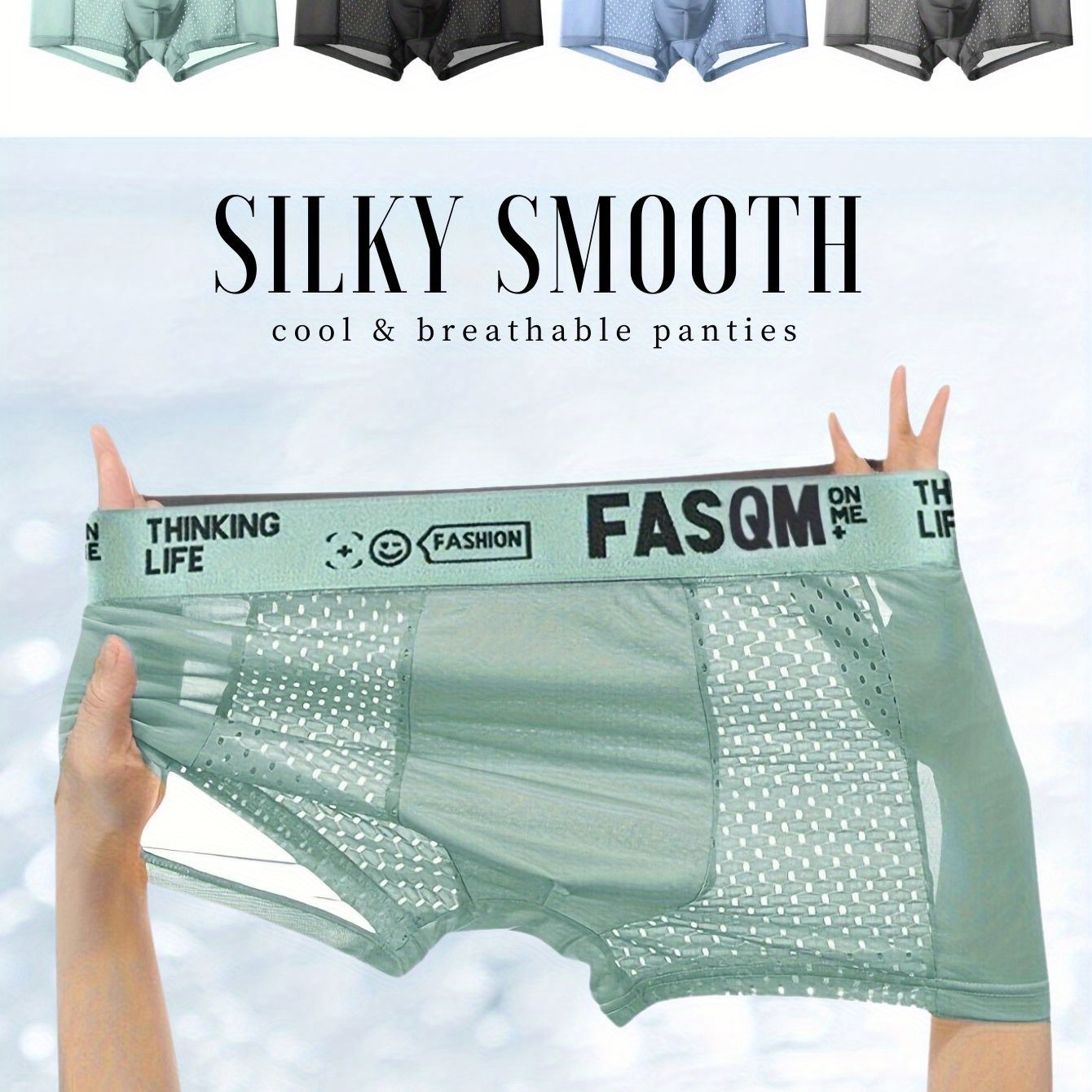 4pcs Men's boxers briefs in icy charm and cool soft material, featuring mesh patch for breathability and stretchy trunks. Available in sky blue, black, and deep gray with contrast color