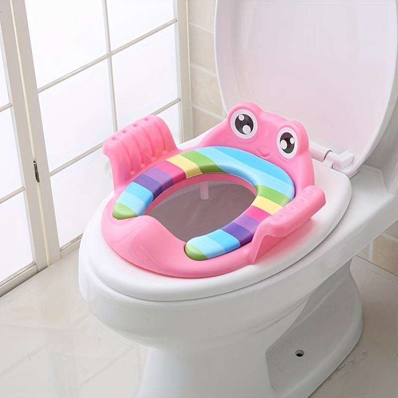 Frog potty training seat with splash guard and non-slip mat, portable and comfortable for easy travel and a perfect gift.