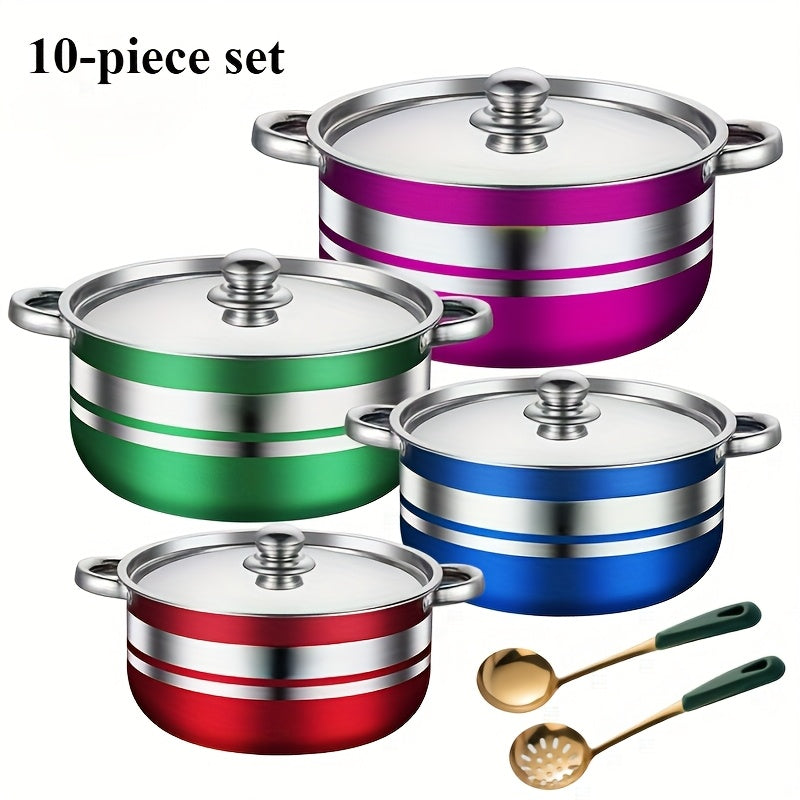 This set includes 10 high-quality stainless steel cooking pots in various sizes, perfect for preparing seafood soup, noodles, and a variety of other dishes at home. Each pot is thickened and designed for efficient cooking.