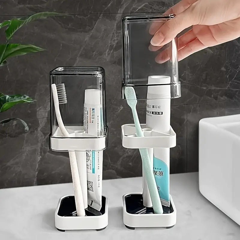 White Plastic Toothbrush Holder with Cup and Lid for Traditional and Electric Toothbrushes – Organize Dental Floss, Razors, and More on Your Bathroom Countertop without Needing Electricity. Modern and Transparent Cover for Toothbrushes and Toothpaste