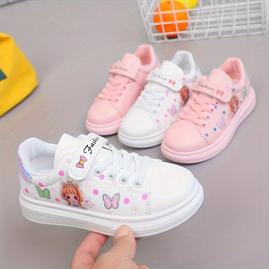 Stylish white sneakers with cute cartoon designs for girls, ideal for casual wear in spring and autumn.