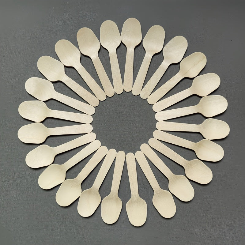 50 pieces of 8.51cm Elegant Disposable Wooden Tasting Spoons made from Birch, completely Biodegradable. Perfect for sampling yogurt, serving ice cream, desserts, or bath salts. Great for graduation season, picnics, parties, camping, festivals, birthdays