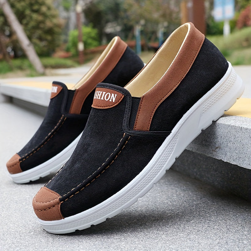 Men's slip-on casual sports sneakers with solid color, lightweight fabric upper, non-slip sole, and breathable insole for outdoor running and daily wear in spring and fall.