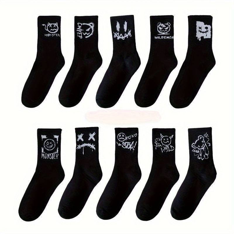 5 pairs of men's black and white graffiti pattern crew socks, comfortable and breathable, suitable for all seasons.