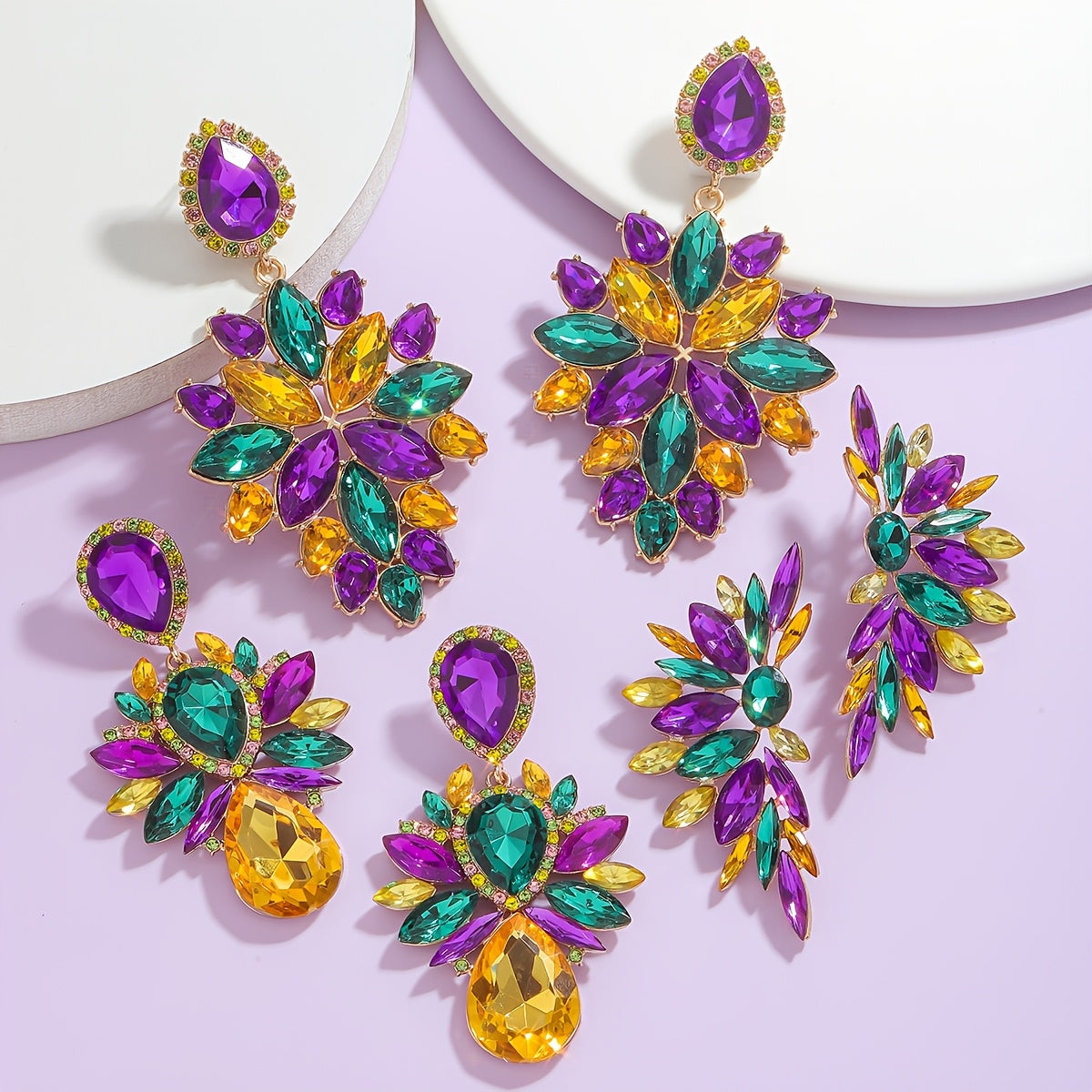 Luxurious Mardi Gras Sparkling Irregular Geometric Rhinestone Earrings in Pair, Bohemian Dangle Earrings in Purple, Green, and Yellow, Made with Zinc Alloy and Stainless Steel Posts, Ideal Holiday Gift for Women.