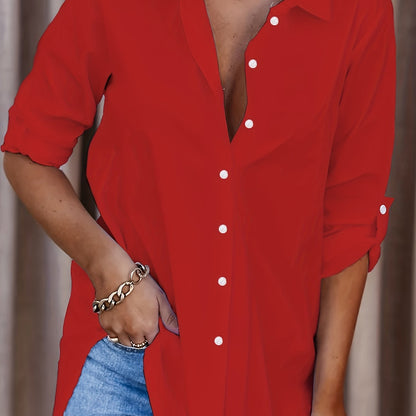 Solid Button Front Shirt with Roll Up Sleeves for Spring & Fall in Plus Size Women's Clothing.